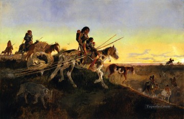  1891 Pintura al %c3%b3leo - Buscando nuevos cotos de caza 1891 Charles Marion Russell Indios Americanos